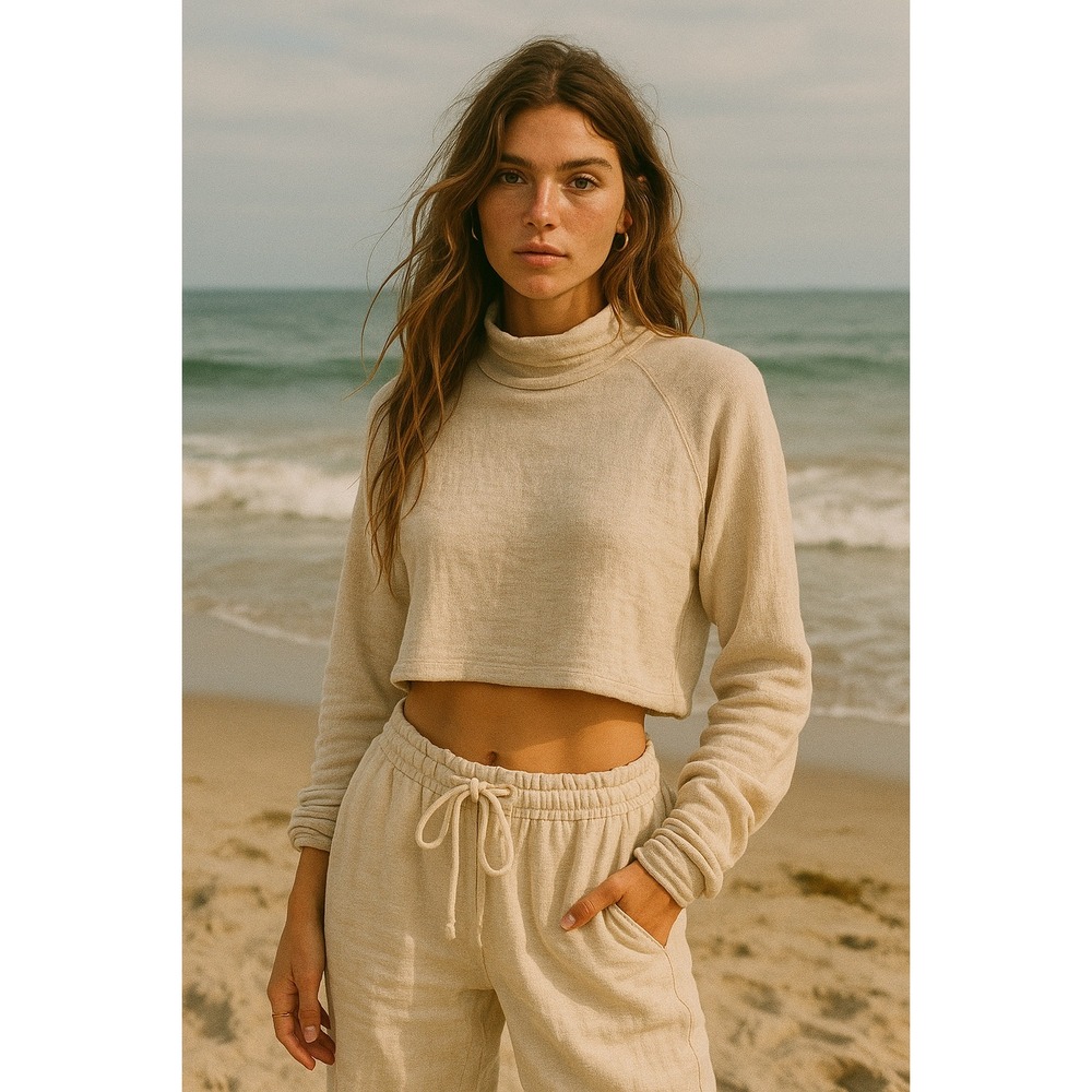 Elysian Women's Mock Neck Crop Top Long Sleeve Beige Pullover Coastal- Size‎ S